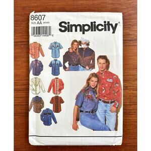 UNCUT Vtg Simplicity 8607 Misses', Mens' or Teens' Western Shirt Size XS to MD